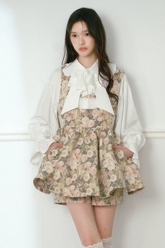 Floral Jacquard Vest Tutu Skirt Pants Set-Up