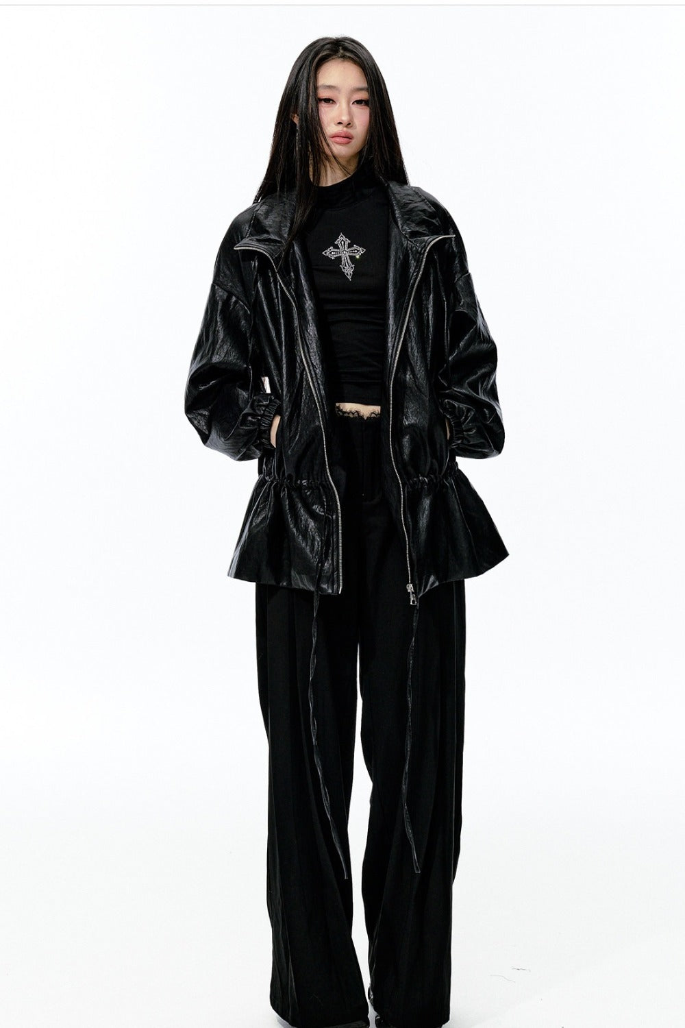 Textured Silhouette Drawstring Tie Waist Jacket