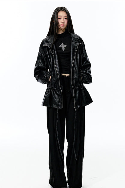 Textured Silhouette Drawstring Tie Waist Jacket