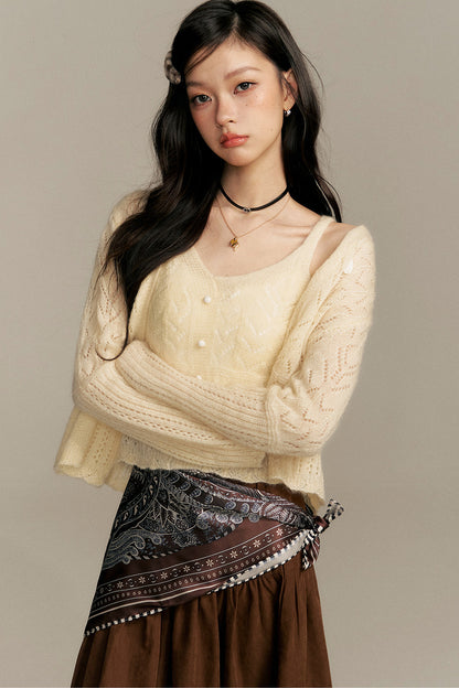 Crochet Knit Cardigan and Camisole Two-Piece With Skirt Set-Up