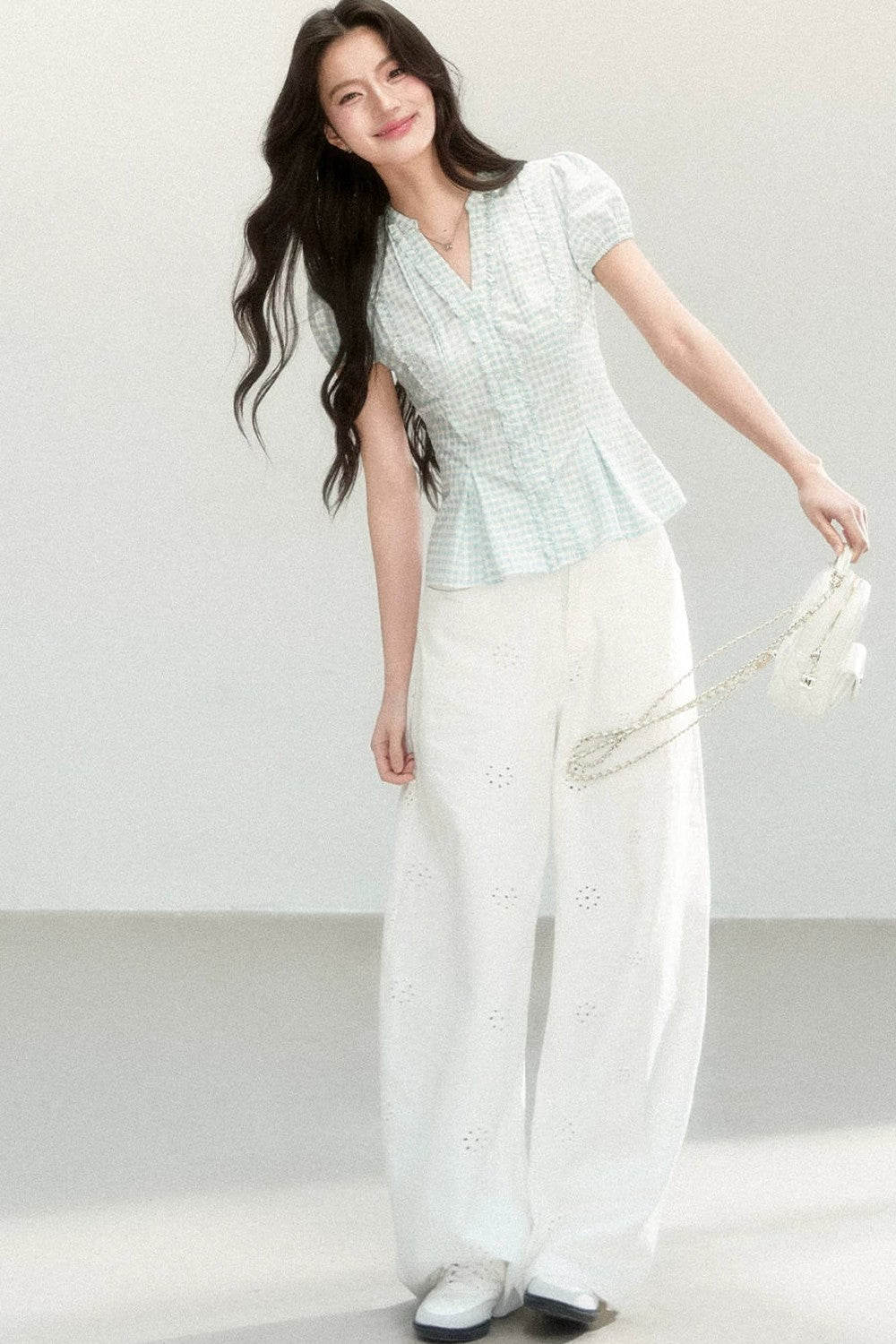 Blue Plaid V-Neck Short Sleeve Blouse