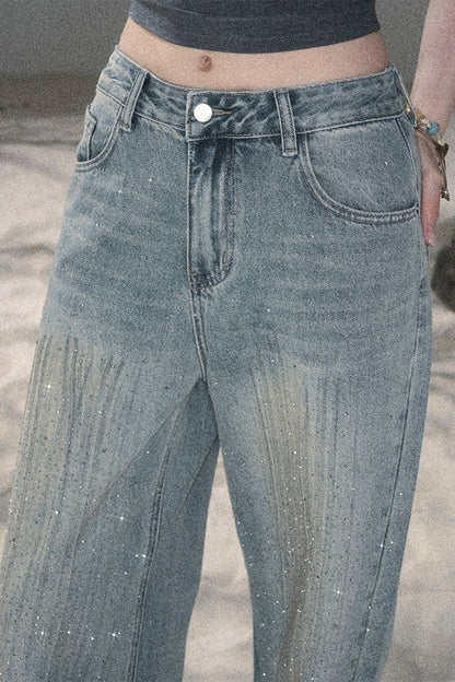 American-Style Rhinestone Wide-Leg Jeans
