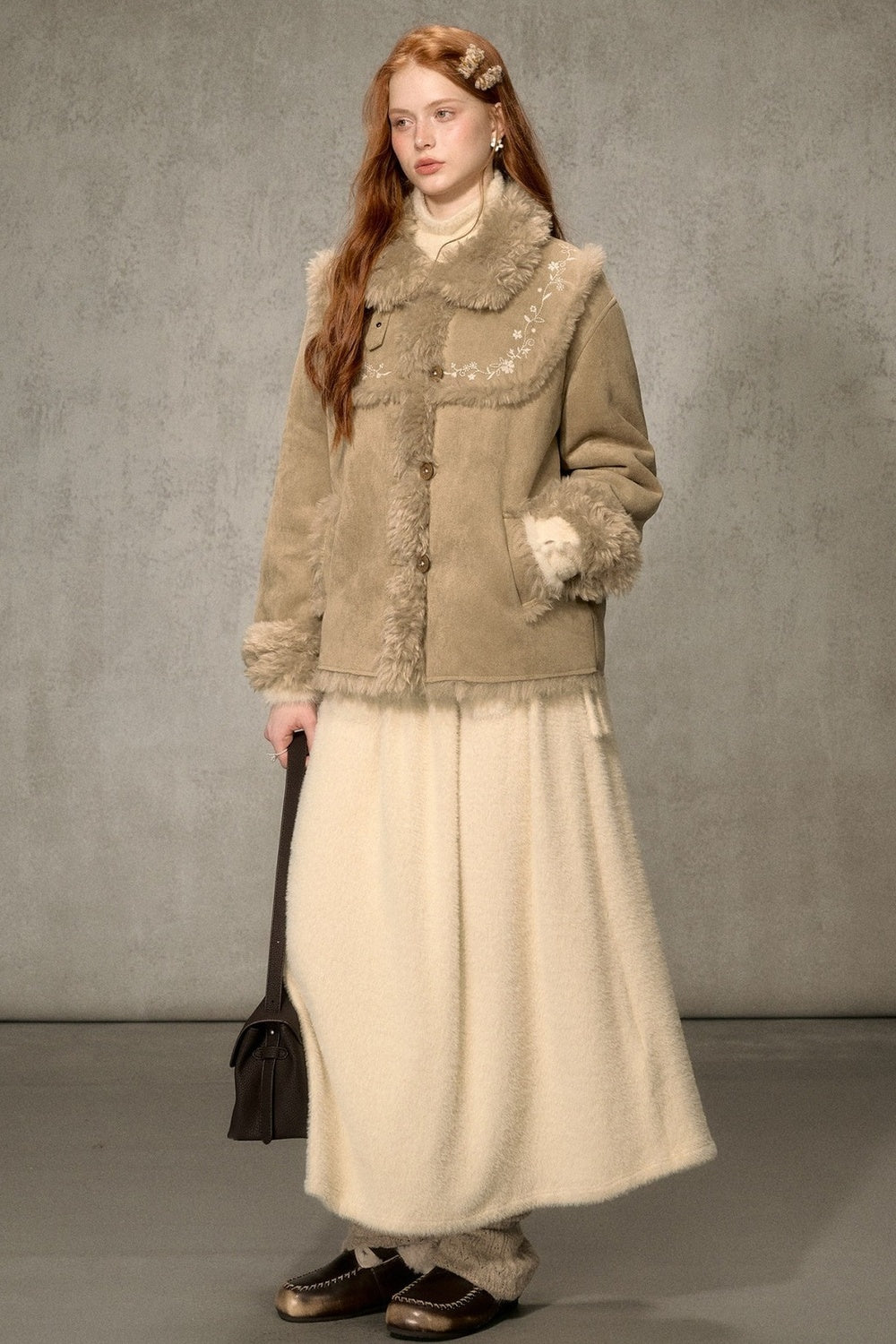 Embroidered Fur Collar Shearling Jacket
