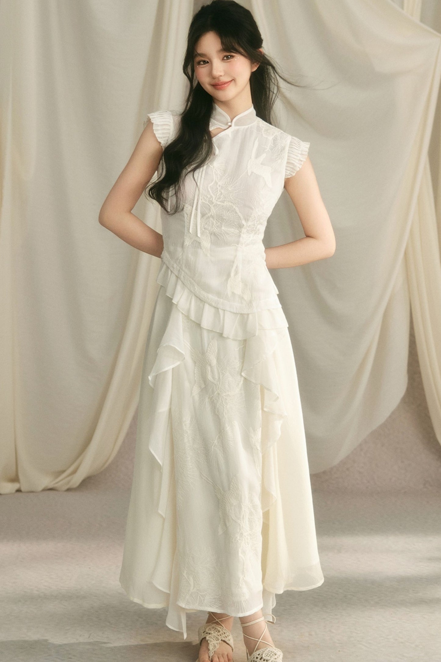 Embroidered Cheongsam Top and Ruffled Skirt Set-Up