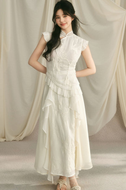Embroidered Cheongsam Top and Ruffled Skirt Set-Up