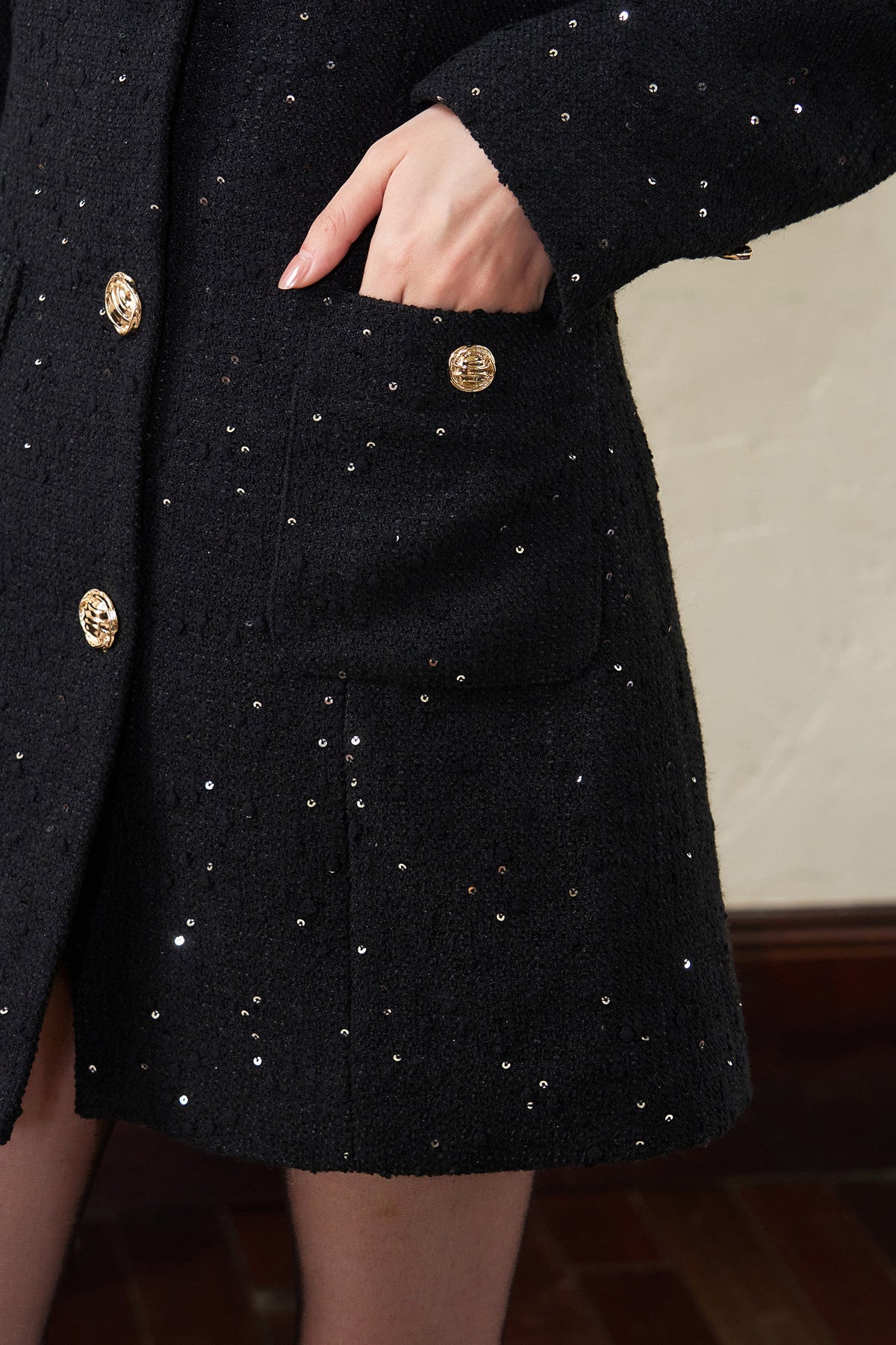 Black Sequin Waist-Cinching Jacket