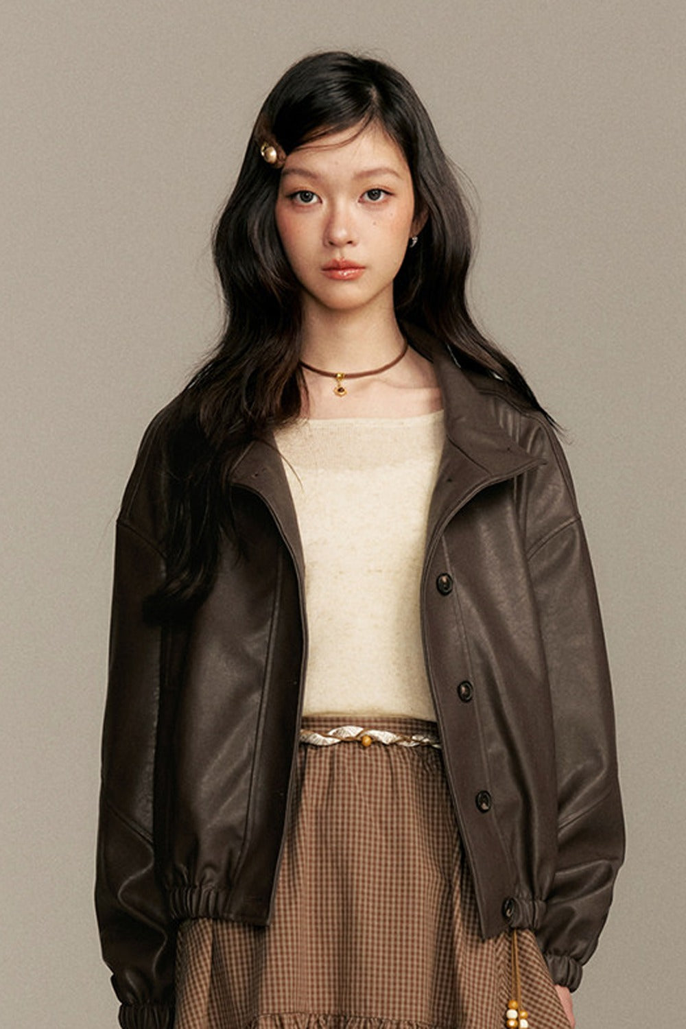 Barn Style Stand Collar Short Leather Jacket