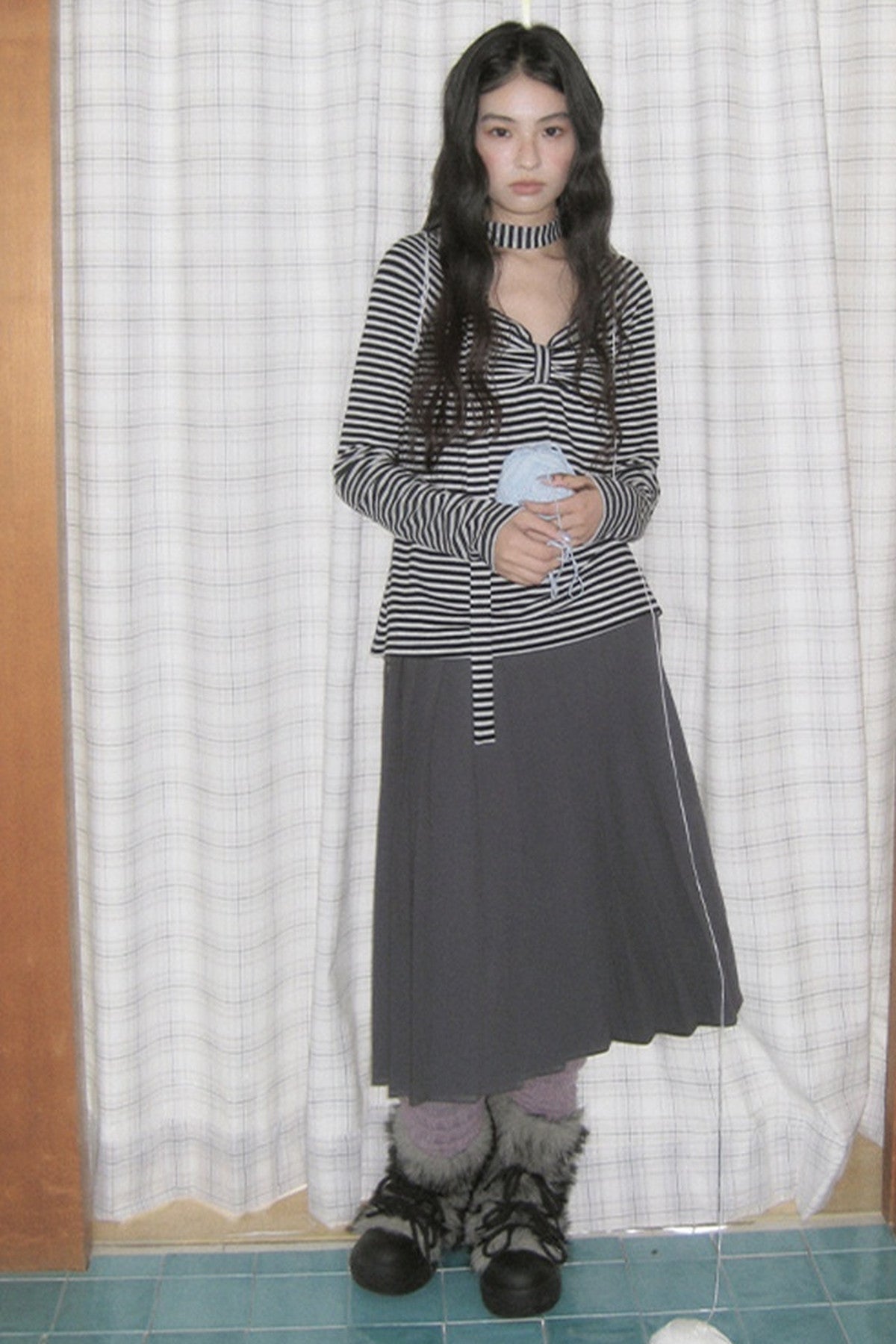 Striped Long-Sleeved Ribbon Bow T-shirt