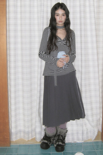 Striped Long-Sleeved Ribbon Bow T-shirt