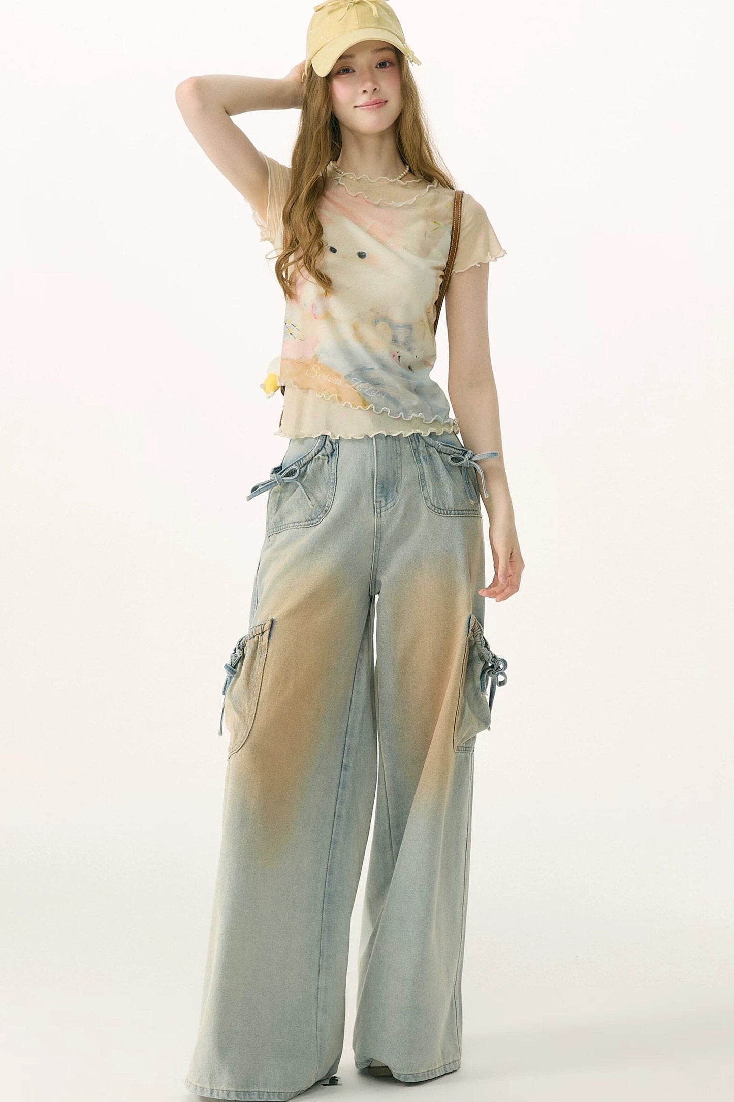 Pantaloni in denim retrò con fiocco