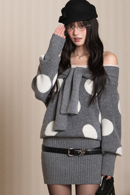 One-Shoulder Lace Knot Sweater Dress