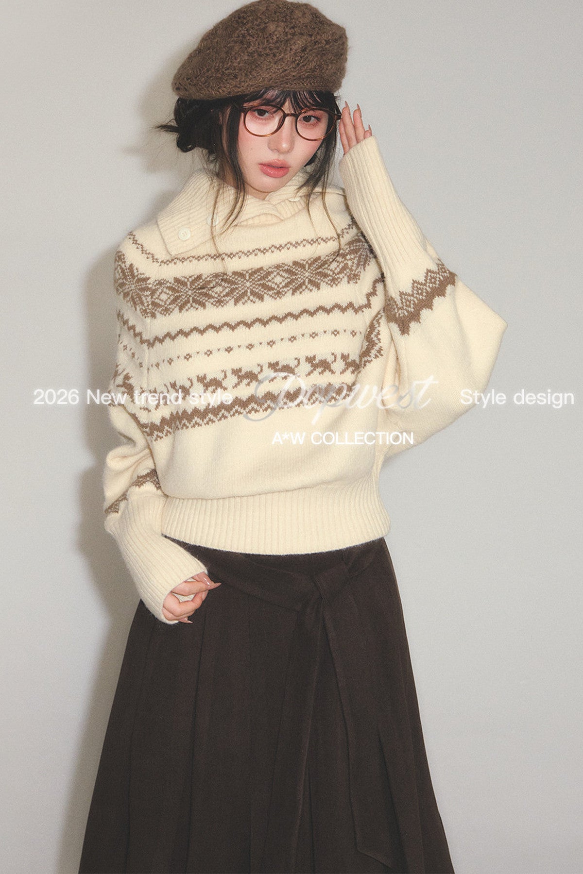 Fair Isle Cable-Knit Stand-Up Collar Sweater