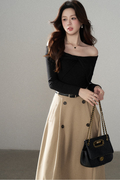 Knot Off-Shoulder Knit Pullover Top and Khaki Skirt Set-Up