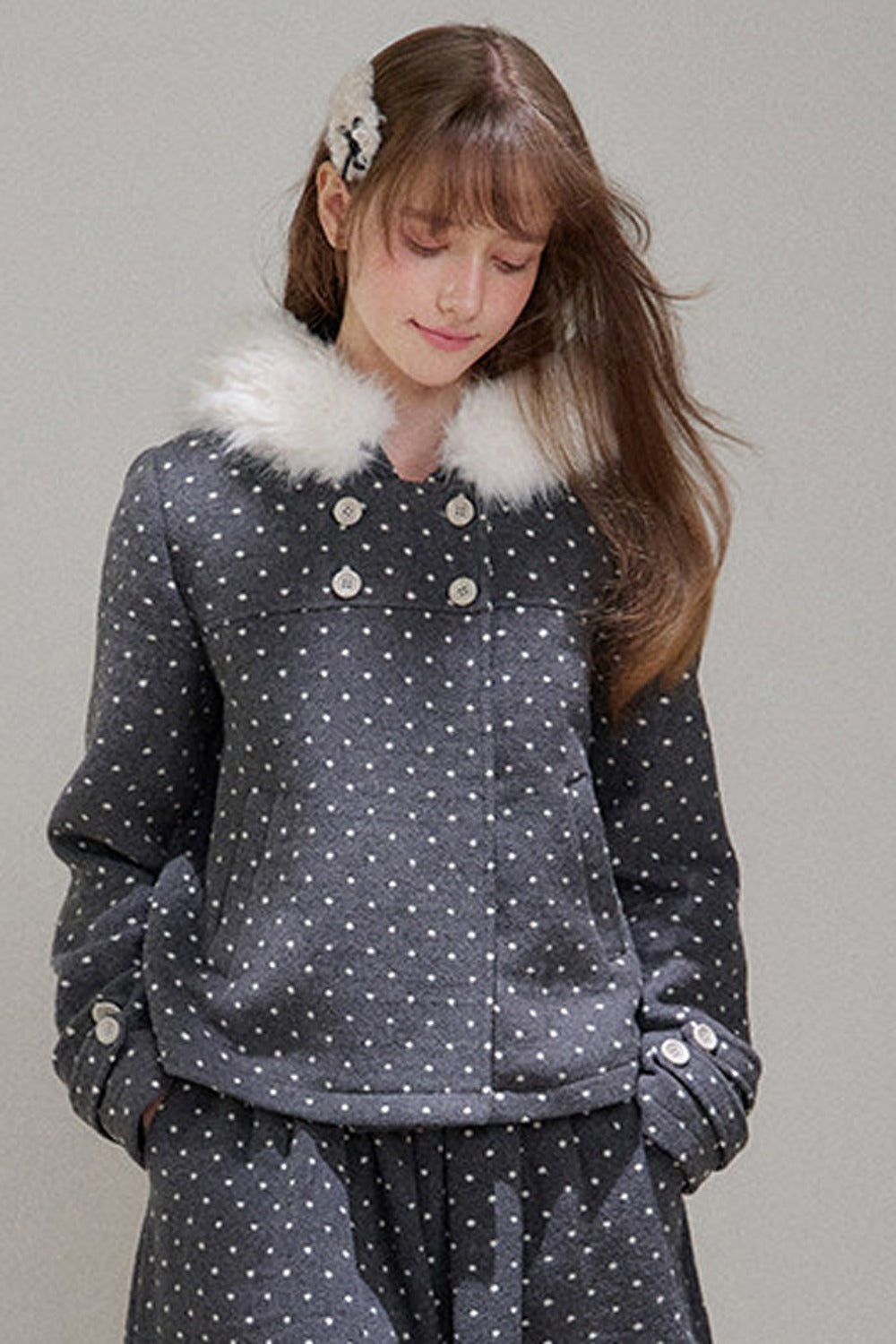 Lace Trim Fur Collar Hooded Coat