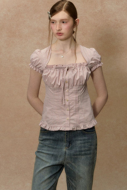 Plaid Puff Sleeve Ruched Top