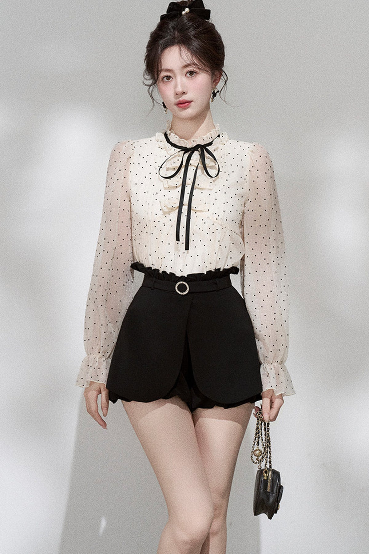 Polka Dot Chiffon Blouse and Skirt Set-Up