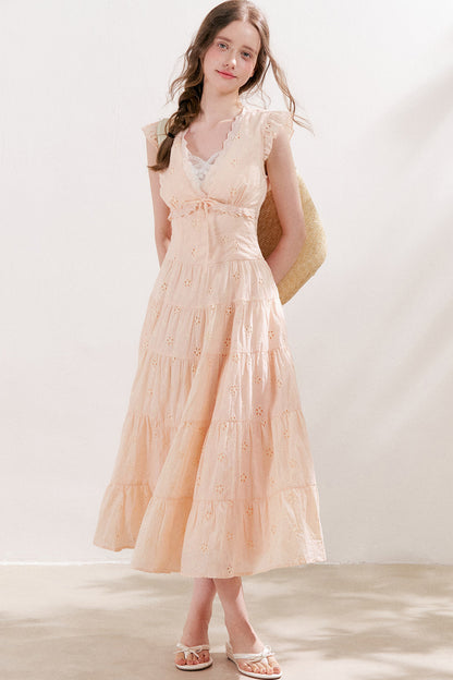 Five-Petal Flower Cutout Tiered Cotton Dress
