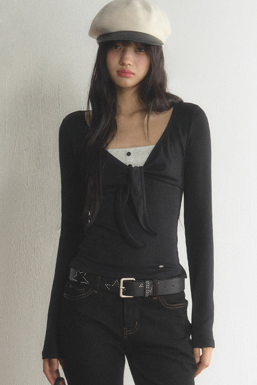 V-Neck Bow Contrast Long-Sleeve Top and Pants Set-Up