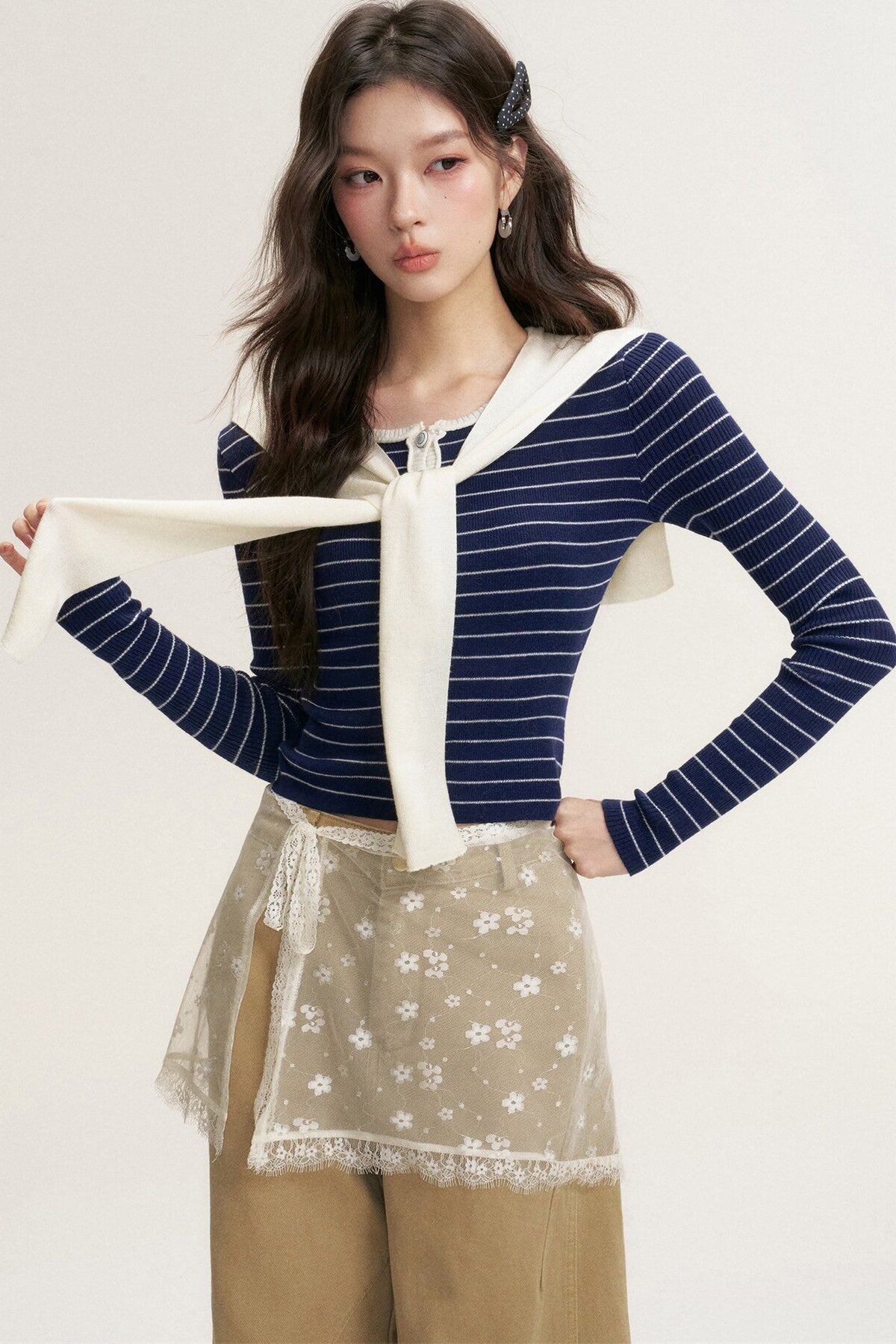 Striped Shawl Collar Long Sleeve Knit Sweater