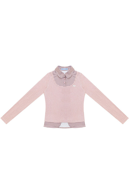 Layered-Look Plaid Collar Knit Top