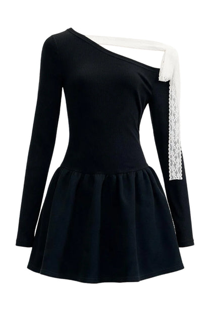 Asymmetrical One-Shoulder Tie Strap Black Dress