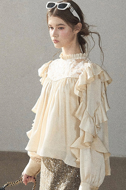 Ruffled Lace Patchwork Textured Chiffon Blouse