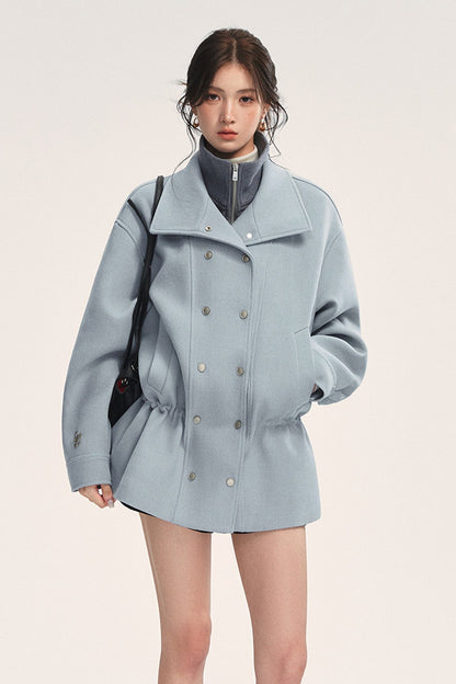 Blue Oversized Dropped Shoulder Double-Breasted Woolen Jacket