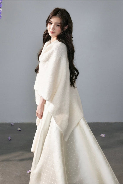 Polka Dot Satin Dress with Bow Shawl Set-Up