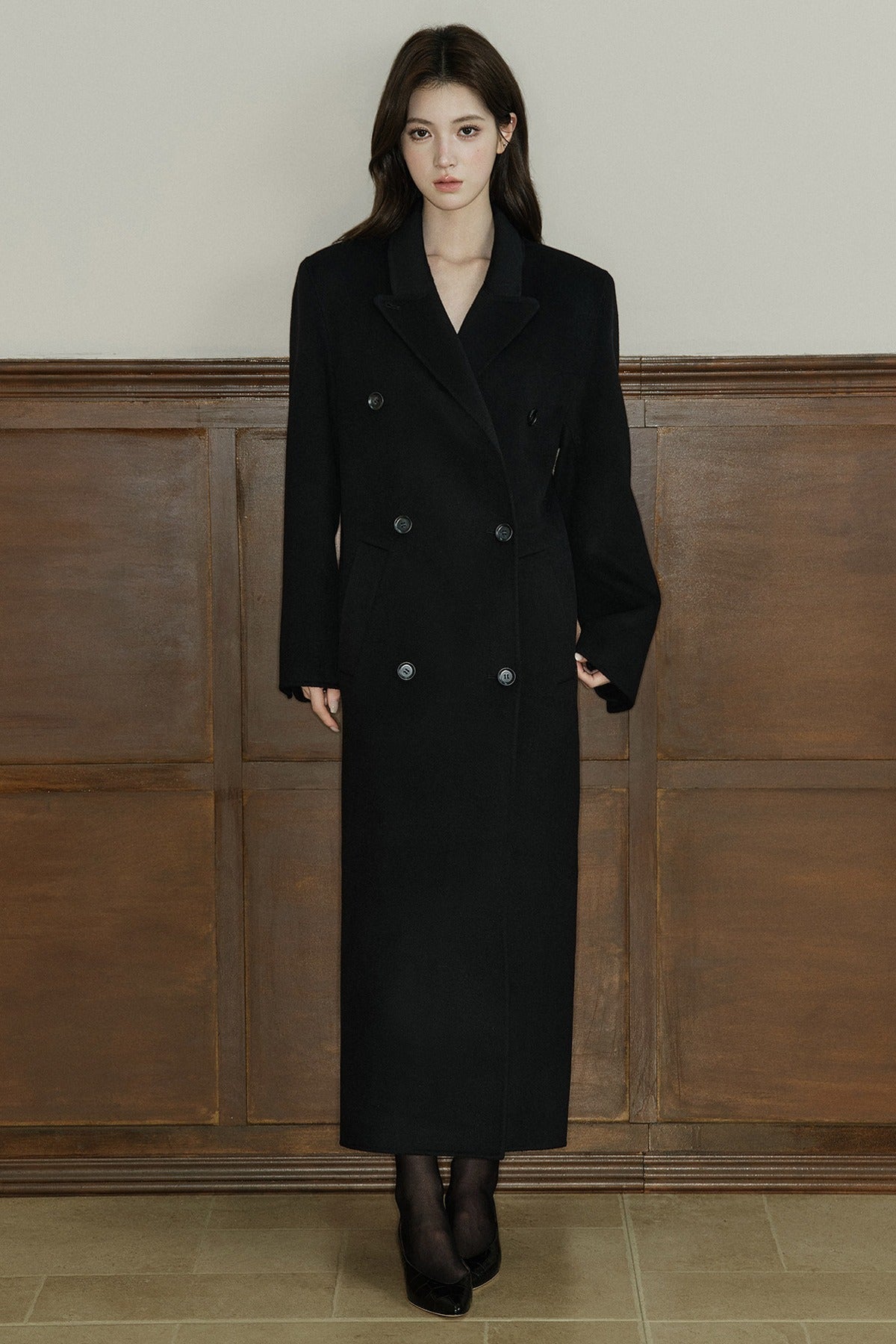 Double Breasted Notch Lapel Long Wool Coat