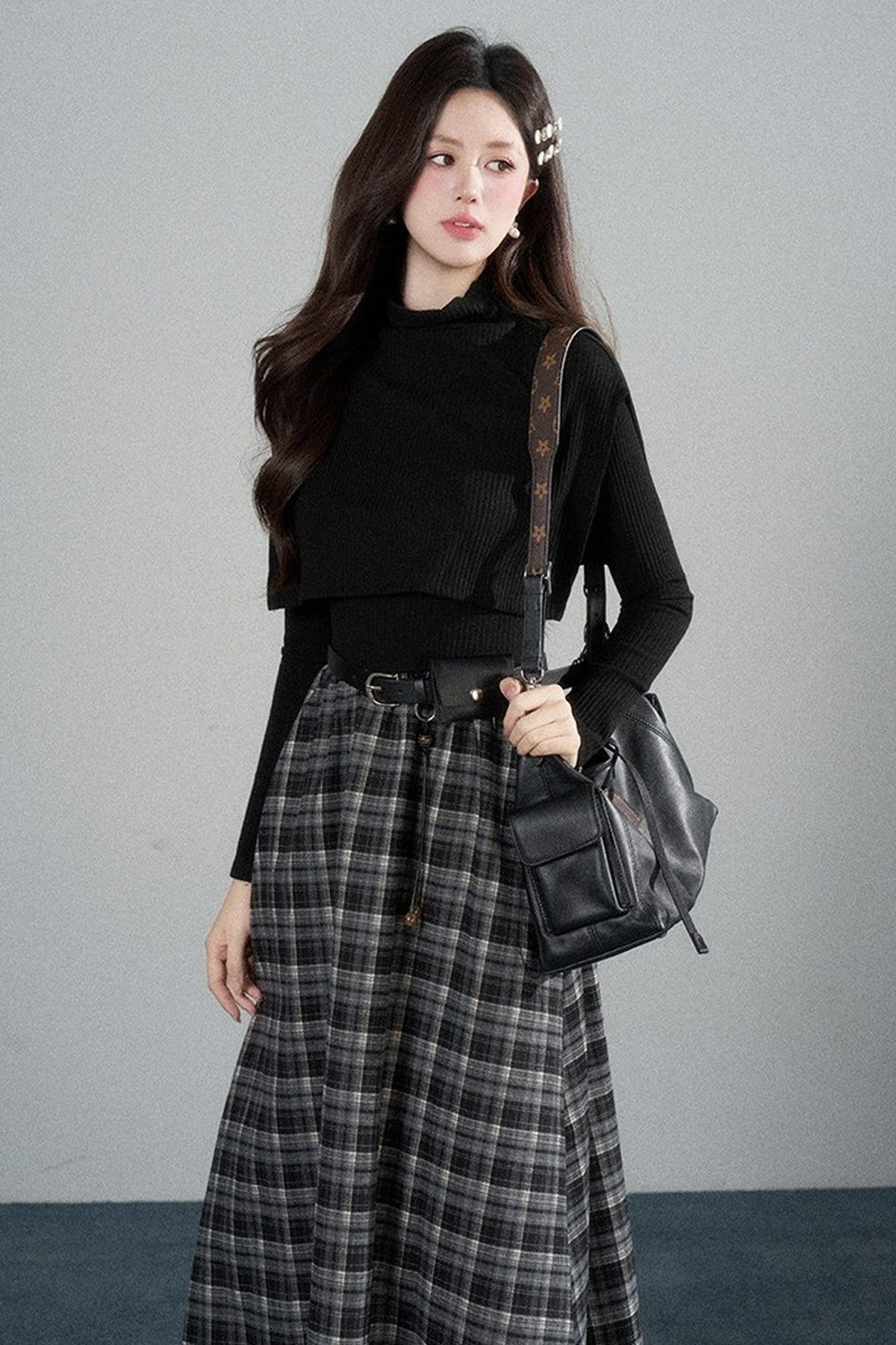 Black High-Neck Long-Sleeve Dress