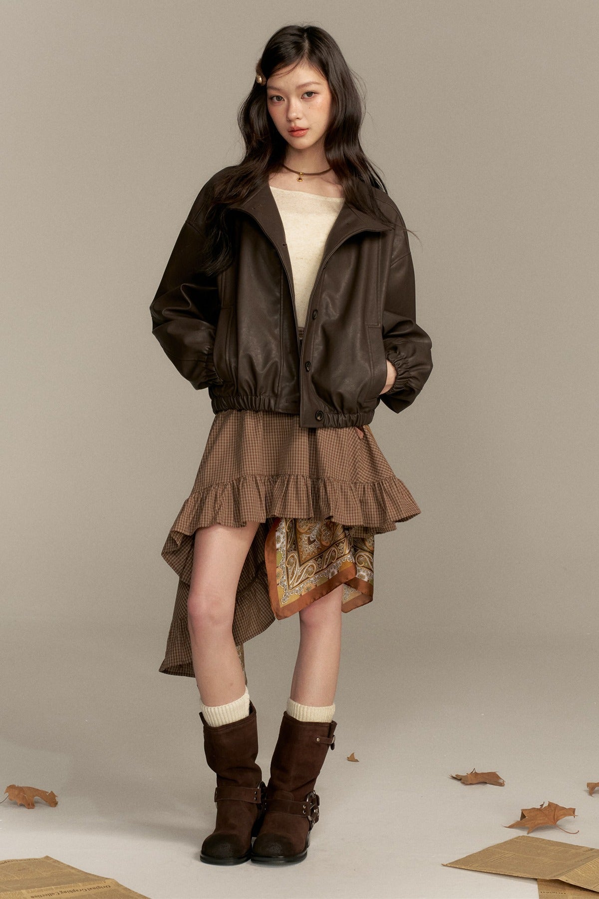 Barn Style Stand Collar Short Leather Jacket