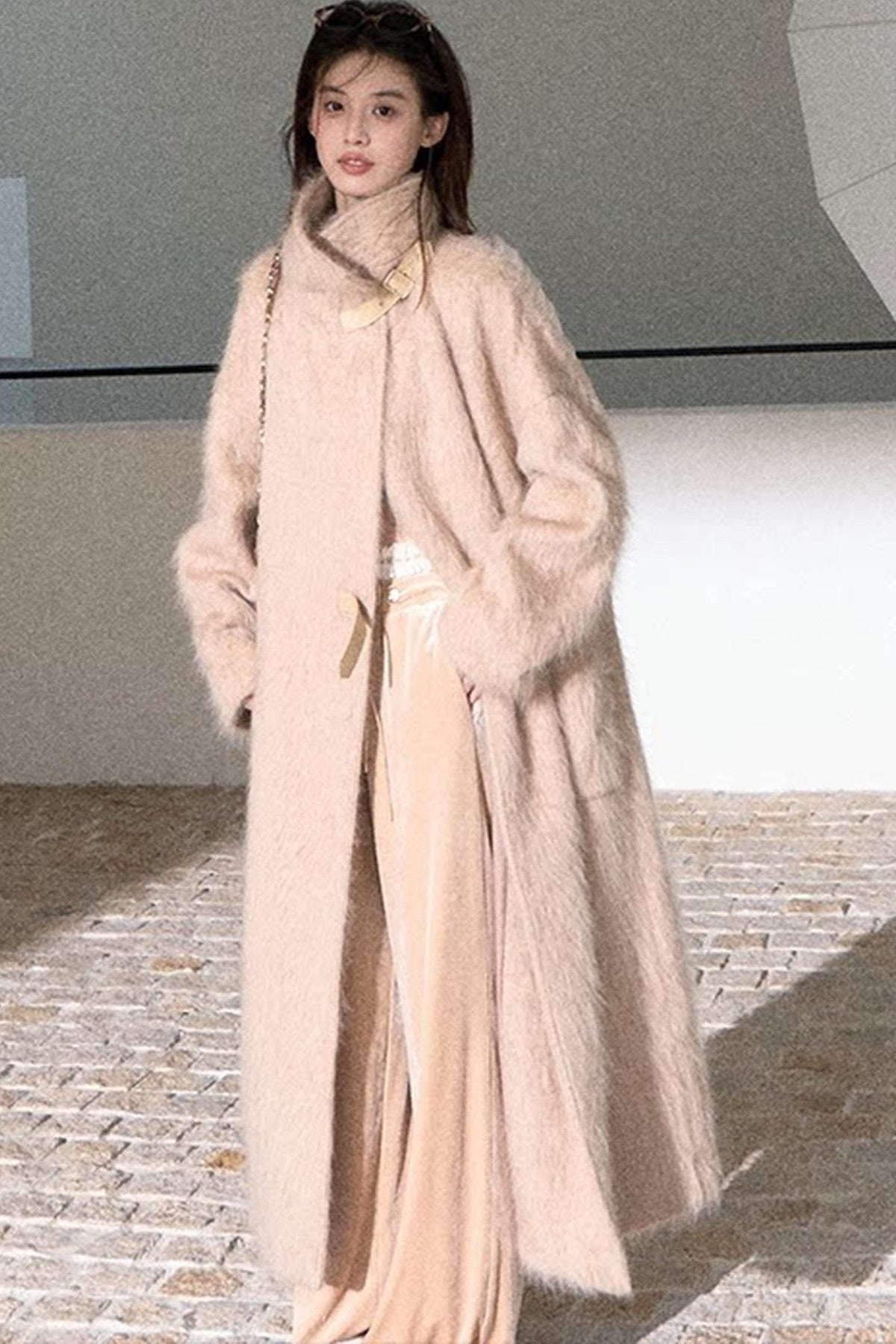 Brushed Cashmere Silk Funnel Collar Coat
