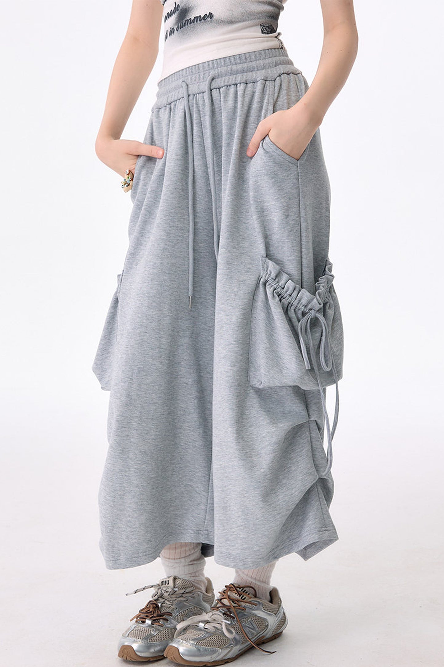 Gray Drawstring Pocket Wide Leg Sweatpants
