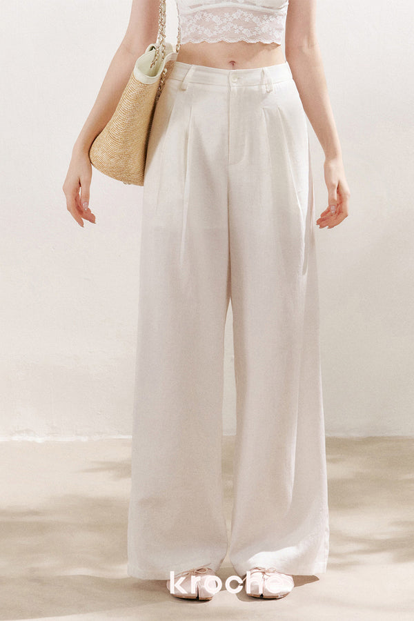 Pantalones de lino de pierna ancha con doble pliegue