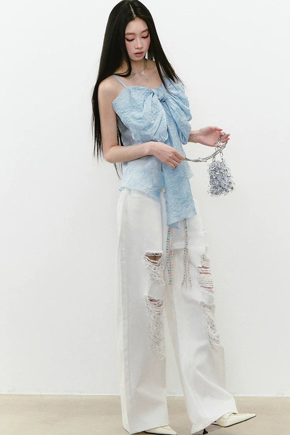 Rhinestone Ripped Denim Pants