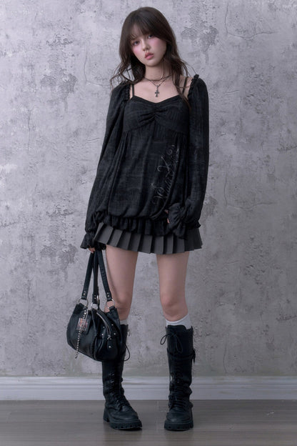 Schwarze Bluse in Lagenoptik mit Blumenmuster