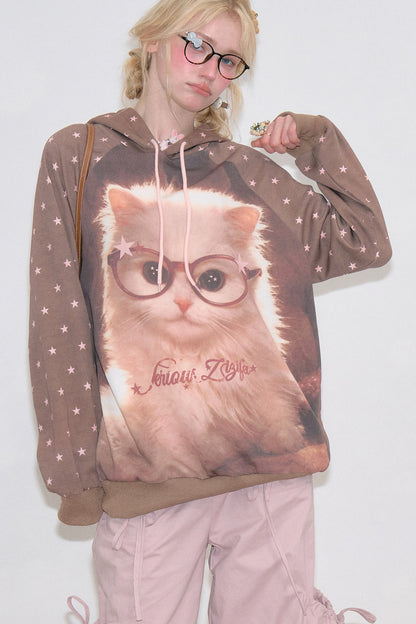 Brown Cat Star Polka Dot Hoodie