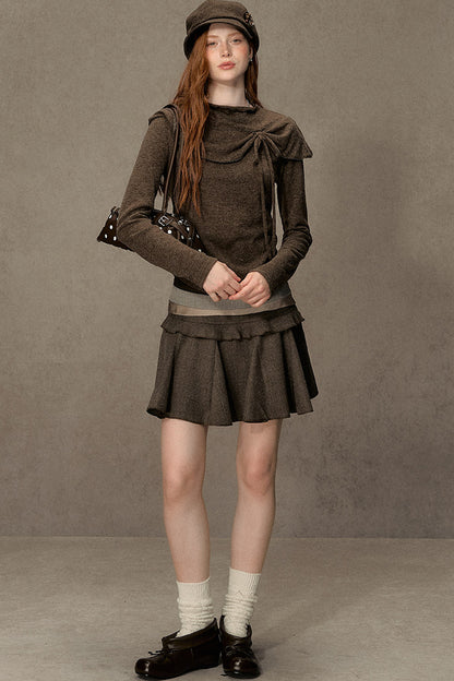 Bowknot Cape Collar Long Sleeve Top