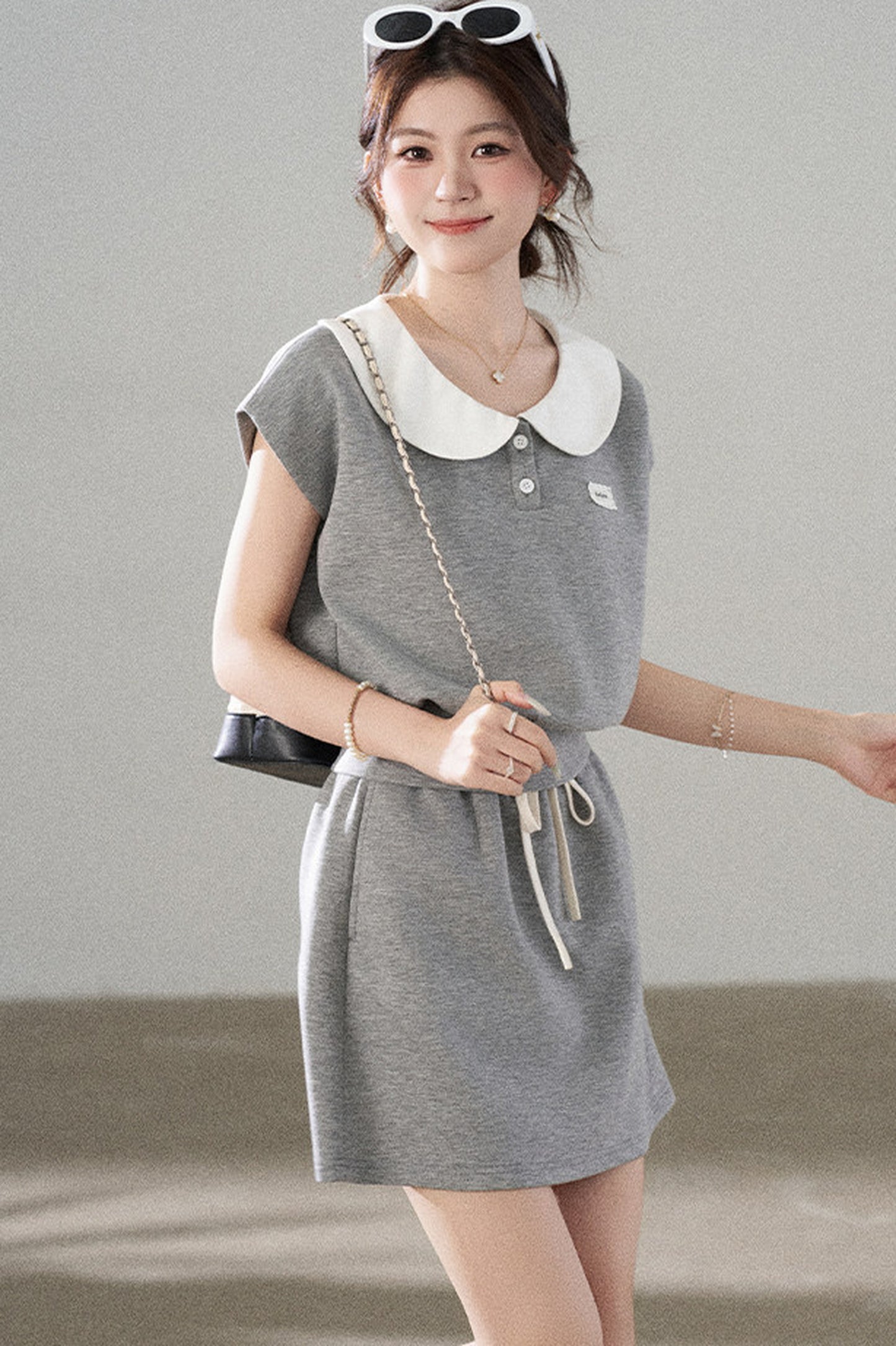 Gray Doll Collar Short-Sleeve Top and Skirt Set-Up