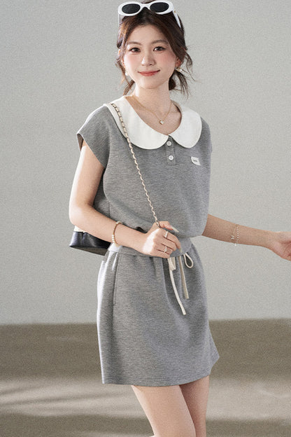 Gray Doll Collar Short-Sleeve Top and Skirt Set-Up