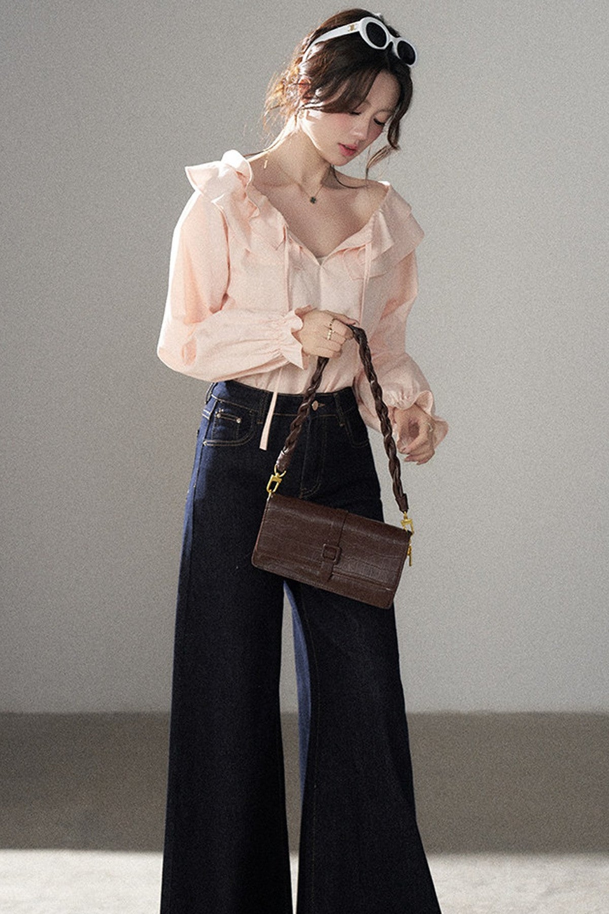 Pink Ruffle Collar Long-Sleeved Top and Skirt Set-Up
