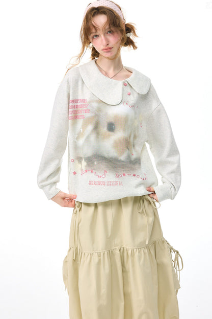 Polka Dot Rabbit Print Doll Collar Sweatshirt