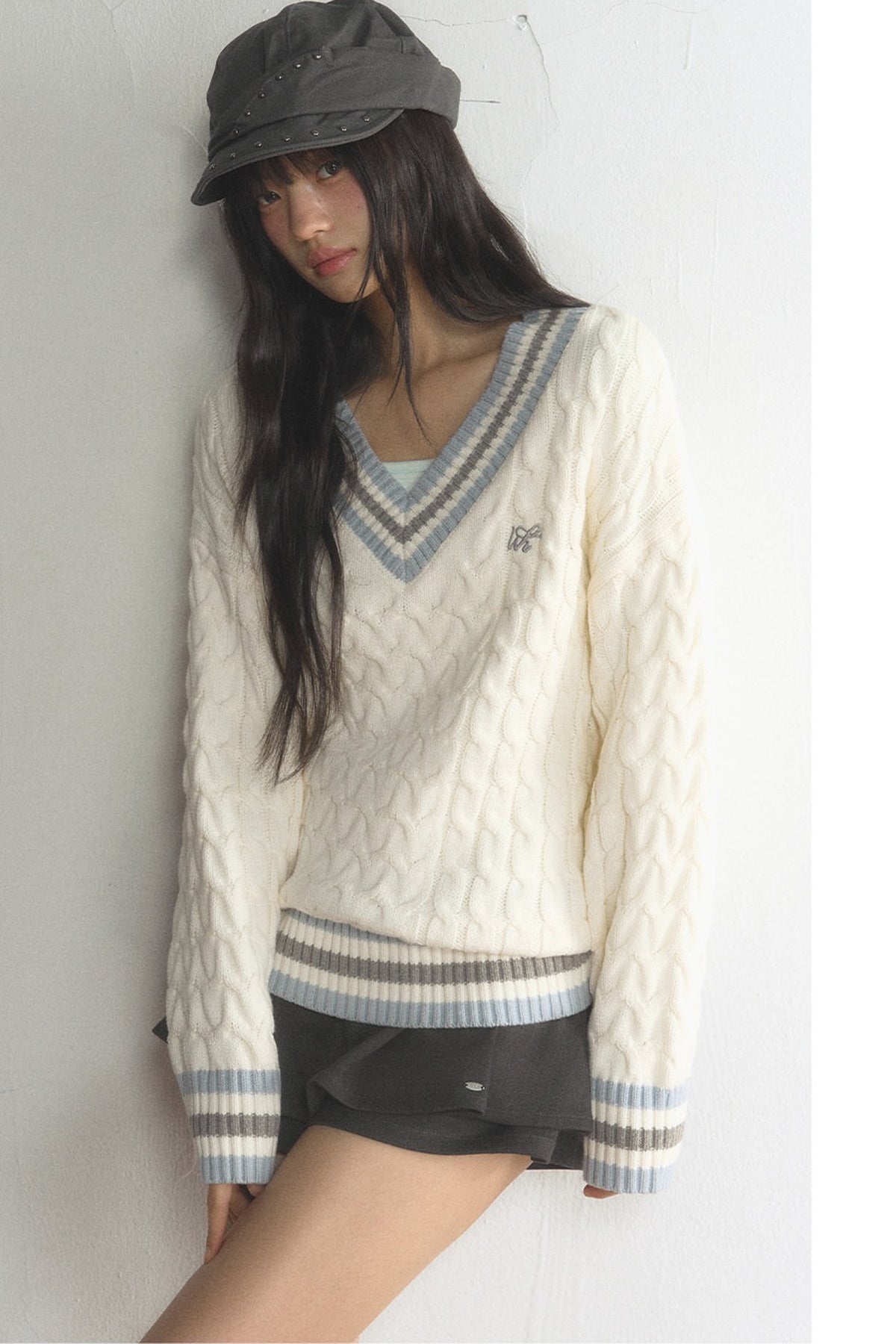 V-Neck Cable Knit Pullover Top and Pleated Skirt Set-Up