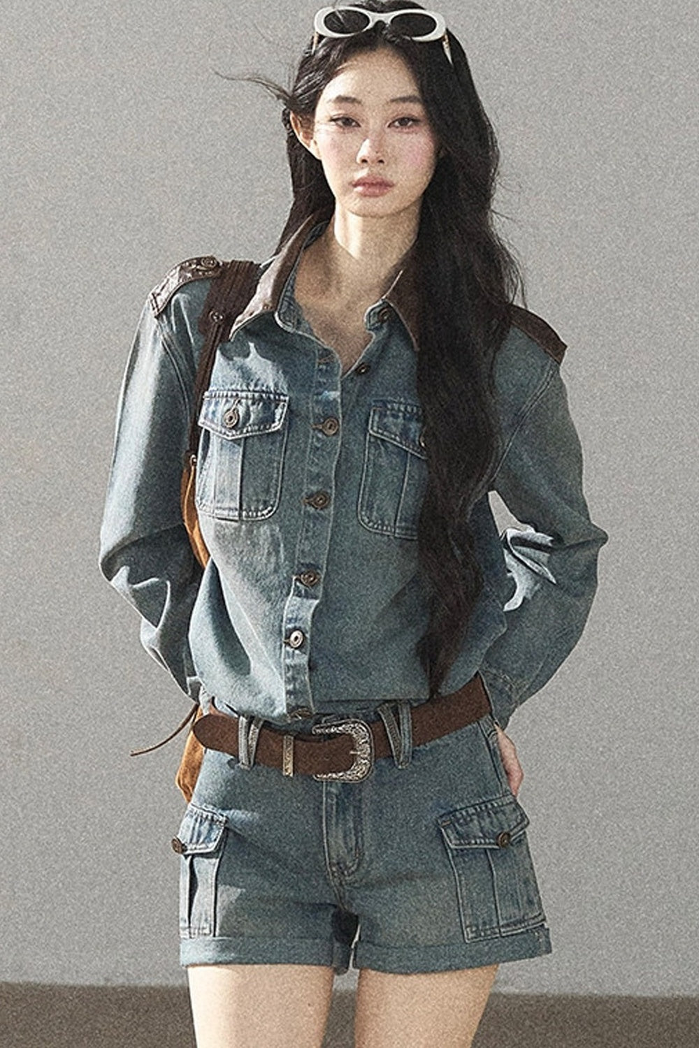Denim Jacket Shirt And Cargo Shorts Set-Up