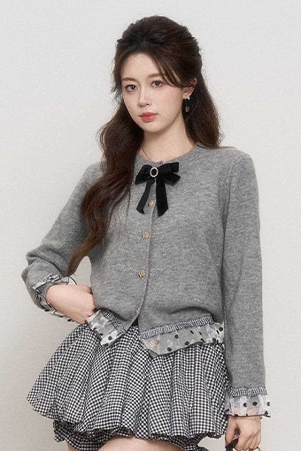 Gray Mesh Spliced Cardigan