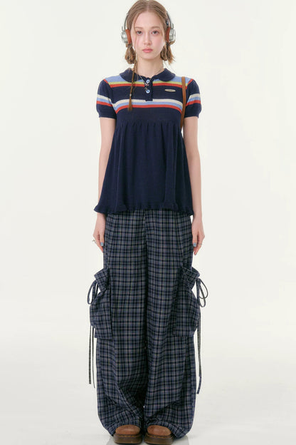 Dark Blue Plaid Wide-Leg Pants