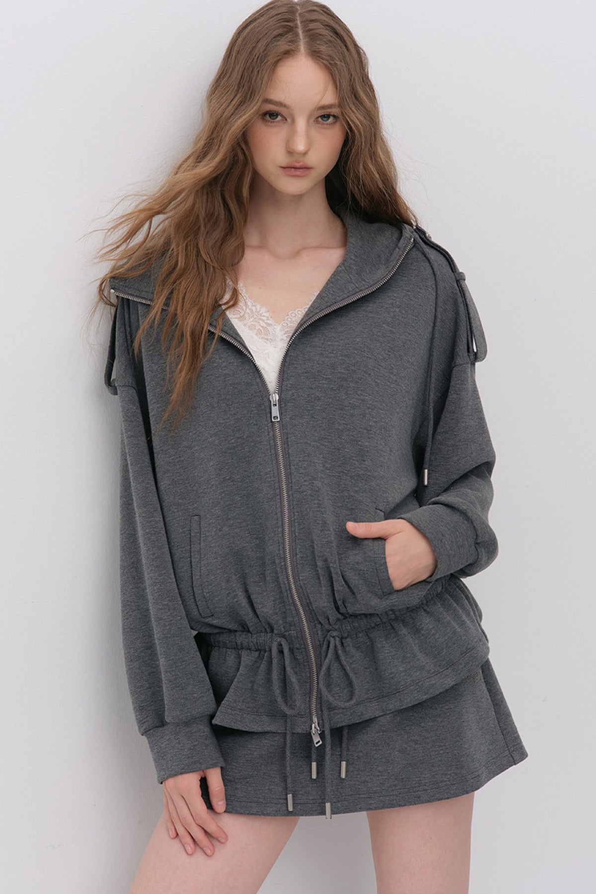 Silhouette Drawstring Hoodie and Studded Skirt Set-Up