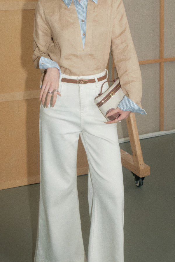 Khaki Layered-Look Cardigan and White Flared Jeans Set-Up