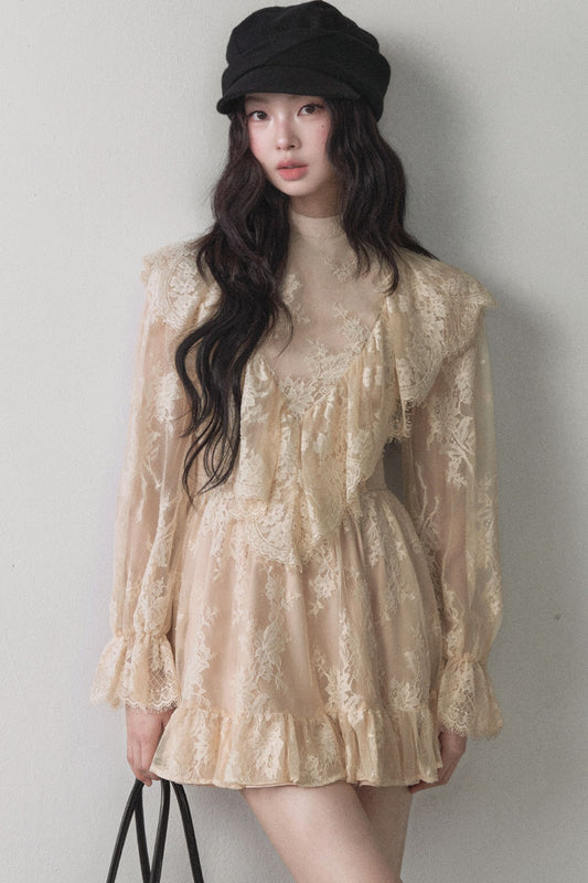 Beige Lace Ruffle Long-Sleeve Dress