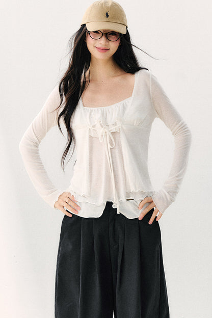 Ensemble cardigan transparent à nœud et caraco